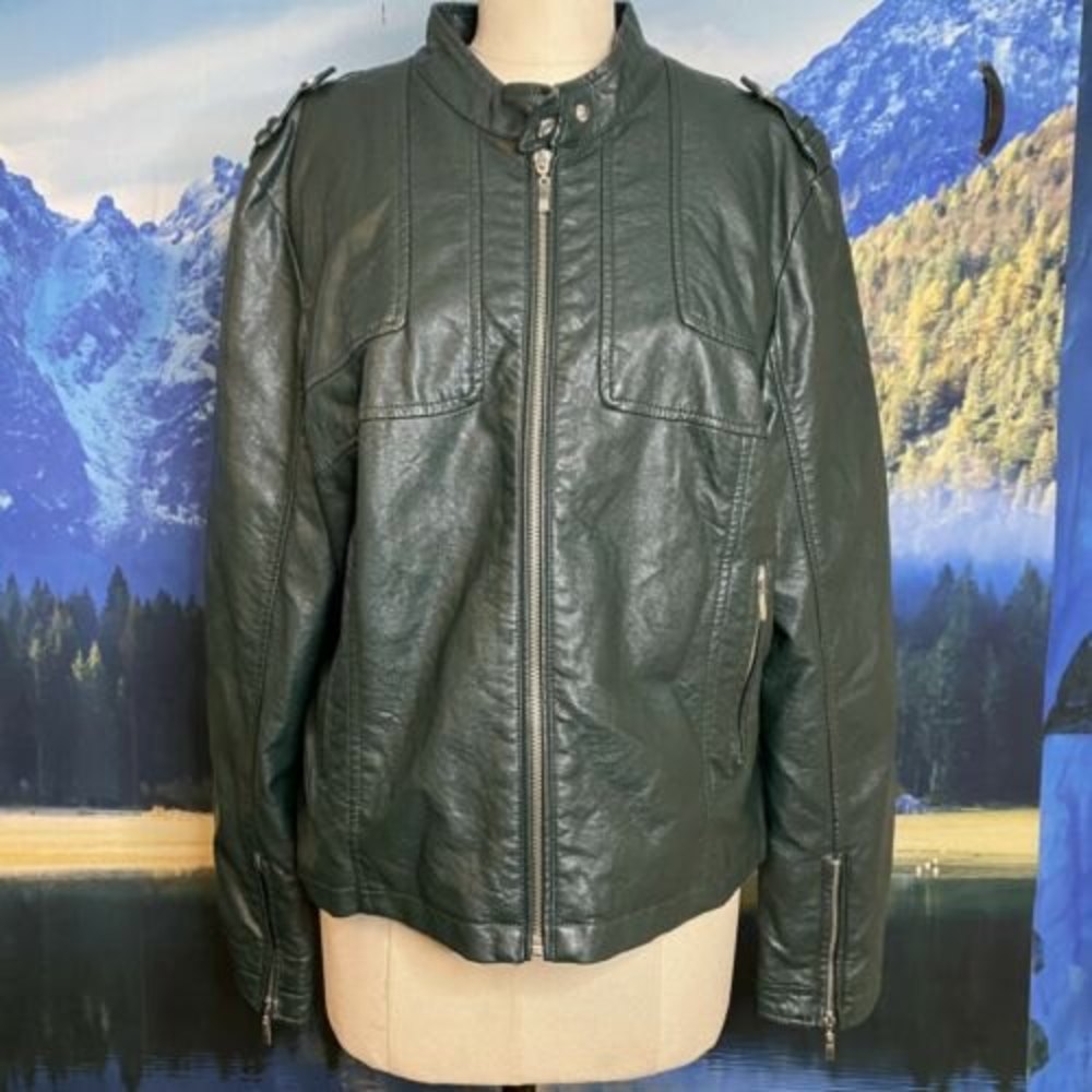 Bernando Forest Green Faux Leather Moto Jacket Size XL